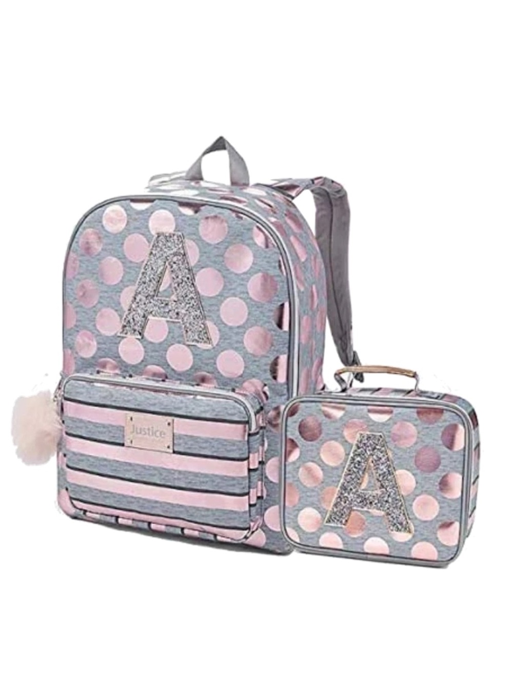 Justice Initial A Rose Gold Foil Backpack + Lunch Tote Bag Bundle